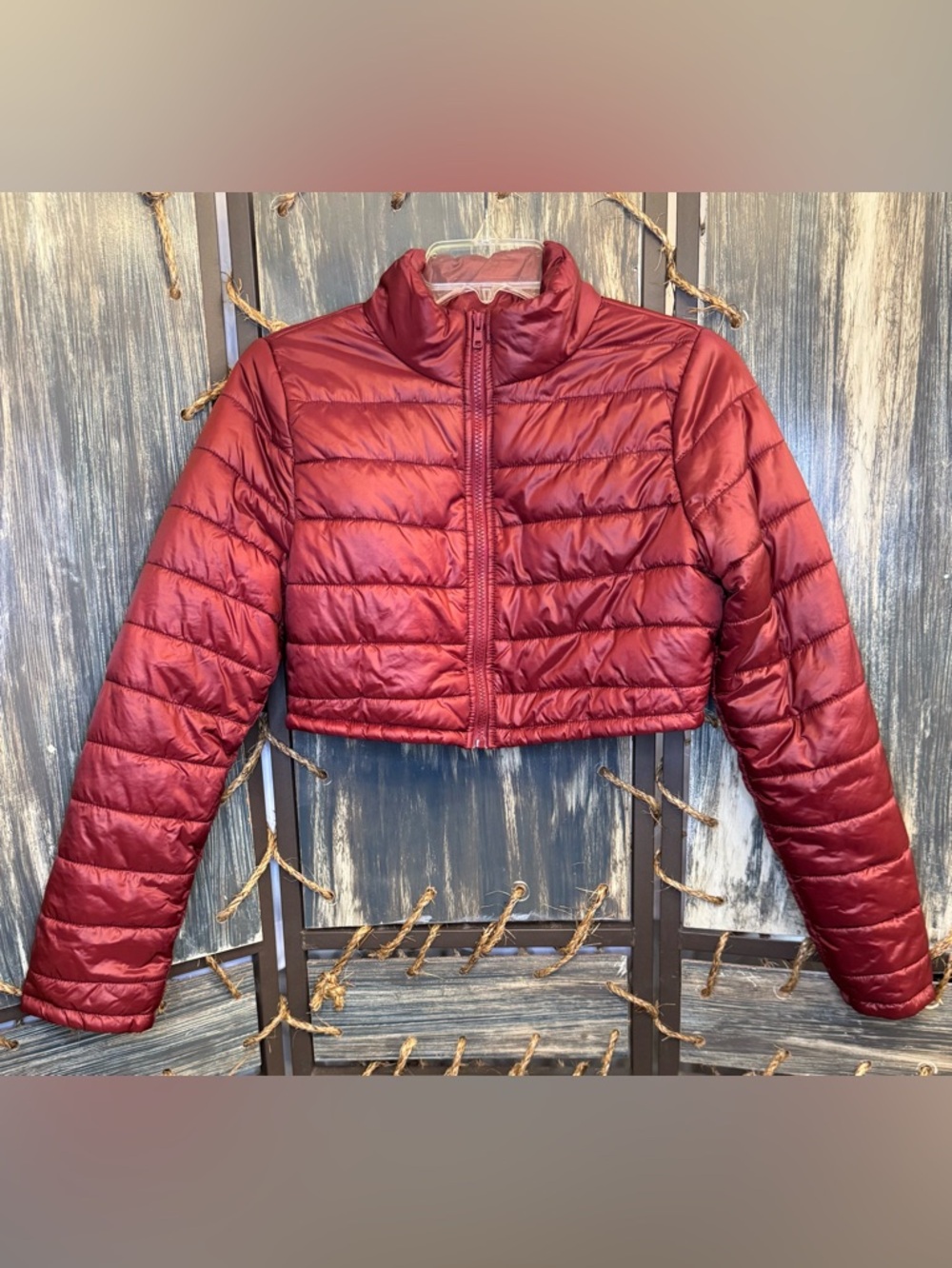 Cropped Quilted Puffer Jacket - Rich Red Color